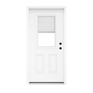 White 36x80 FRAMEWELL fiberglass entry door with wood grain, half-lite Low-E glass, integrated blinds, and two panels.