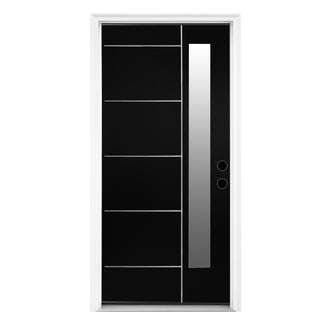 FRAMEWELL 36x80 modern black fiberglass entry door with Low-E glass, horizontal inlays, white frame, lockset pre-bored