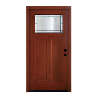 FRAMEWELL 36x80 fiberglass Craftsman door, warm wood grain finish, obscure geometric patina caming glass.