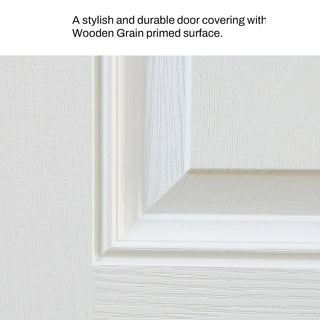 Close-up of FRAMEWELL white fiberglass entry door panel, showing realistic wooden grain texture and primed finish.
