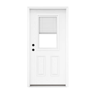 FRAMEWELL 36x80 white primed fiberglass entry door, classic panel design, featuring integrated half-lite blinds.
