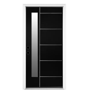 FRAMEWELL 36x80 modern black fiberglass door, vertical Low-E glass, horizontal inlays, white vinyl frame with brickmould, lockset pre-bored