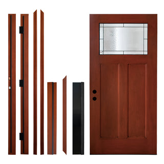 FRAMEWELL 36x80 fiberglass entry door knock-down kit with wood grain stain, patina caming glass, and unassembled frame parts.