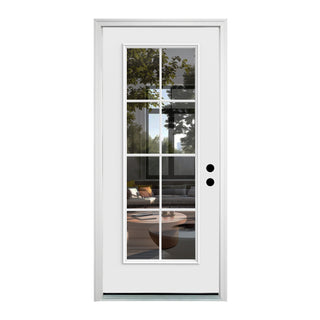 Studio image of a FRAMEWELL fiberglass entry door (36x80) with a smooth, primed white finish and an 8-lite clear glass panel, lockset pre-bored.