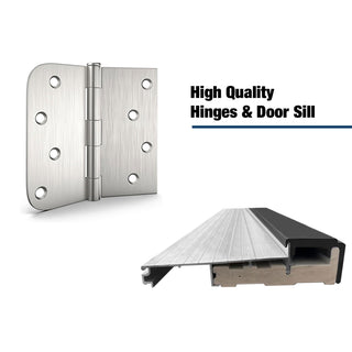 High-quality satin nickel door hinge and ribbed aluminum door sill with weather seal for FRAMEWELL fiberglass doors.